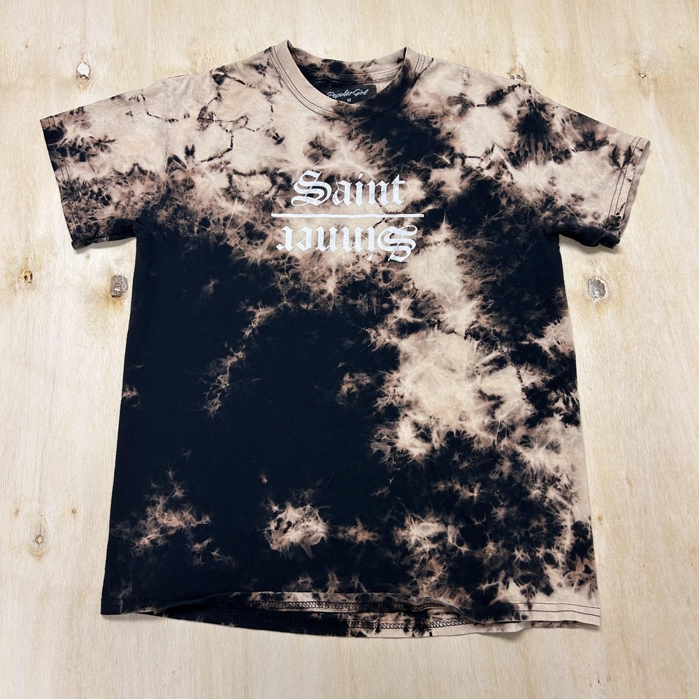 Popular Girl Shirt Womens Medium Black Tie Dye Saint Sinner Angel Wings Graphic